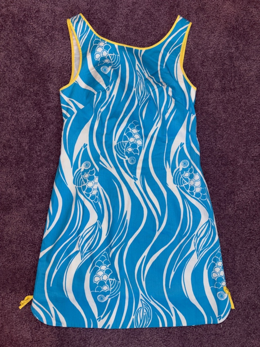 Blue & White Wave Print Tank Dress with Yellow Trim